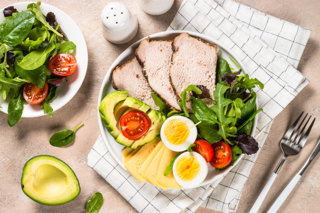 Keto diet plate on white table